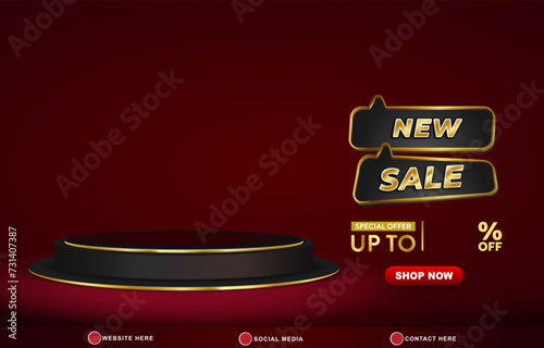 new sale discount template banner with copy space 3d podium for product sale with abstract gradient dark red background design