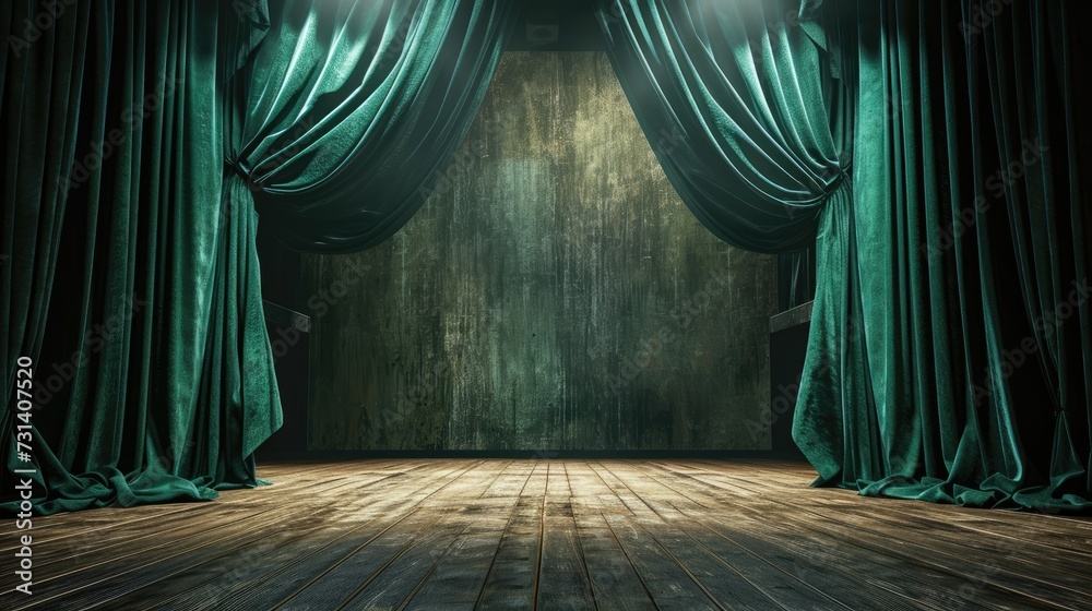 Green velvet curtains frame an empty theater stage, awaiting the spotlight. Classic, Ai Generated. - obrazy, fototapety, plakaty 