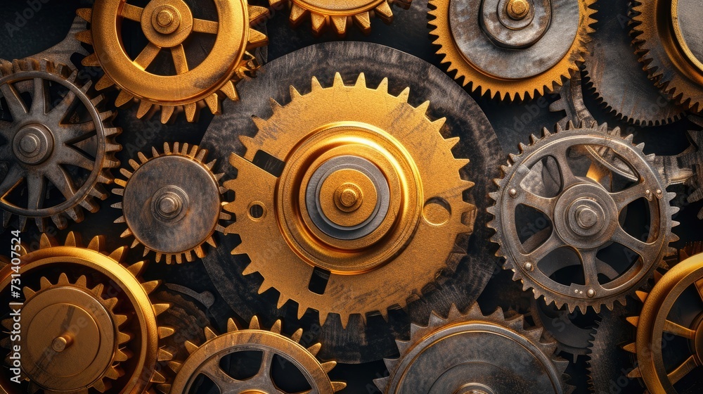 A golden cogwheel stands out amidst a ring of metallic cogwheels. Industrial, Ai Generated. A golden cogwheel stands out amidst a ring of metallic cogwheels. Industrial, Ai Generated.