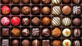 Assorted rows of delectable chocolate sweets nestled in a charming box. Tempting, Ai Generated.
