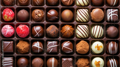 Assorted rows of delectable chocolate sweets nestled in a charming box. Tempting, Ai Generated.
