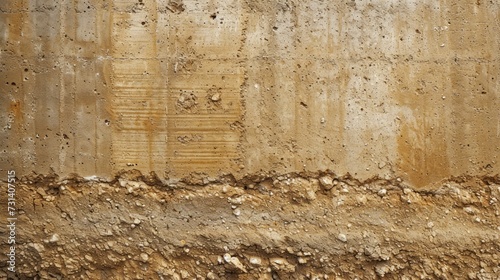 Rammed earth wall formed from compact layers of natural earth tones. Sturdy, Ai Generated. photo