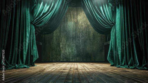 Green velvet curtains frame an empty theater stage, awaiting the spotlight. Classic, Ai Generated.