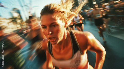 Intense focus of a female runner in a race, motion blur.