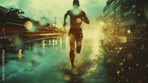 Runner in the rain at night, city lights, dynamic motion, splashing water. © Visionary Vistas