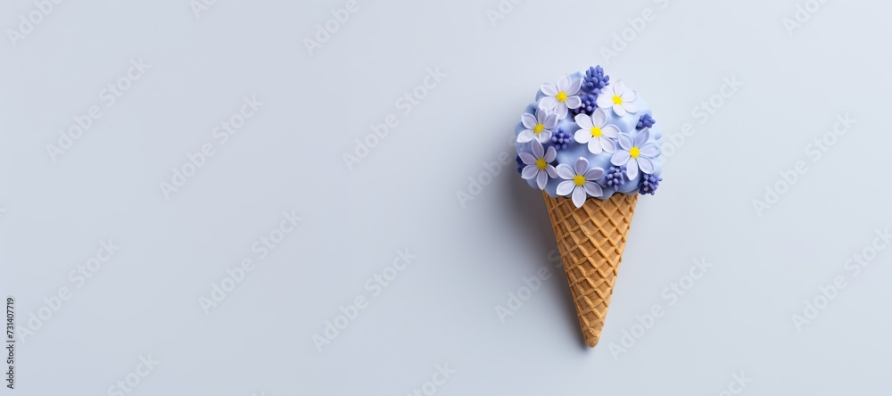 Waffle cone with bouquet of wildflowers on purple background. Minimal summer or spring creative concept. Valentine's, Women's day. Floral backdrop for card, banner, poster, print. Flat lay, copy space