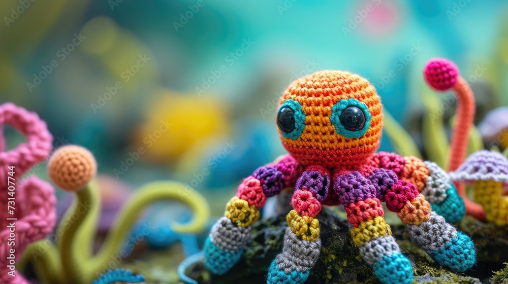 Crocheted spawn toy vibrant backdrop, handcrafted and adorable, Ai Generated
