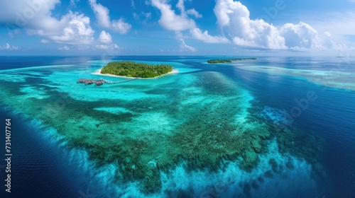 A breathtaking aerial panorama captures the beauty of Baa Atoll in the Maldives, Ai Generated. photo