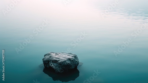 A solitary rock floats serenely atop rippling water, its reflection mirroring tranquility, Ai Generated