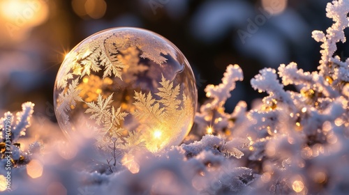 Captivating beauty of a frozen bubble unveils intricate natural fractals, mesmerizing and delicate, Ai Generated.
