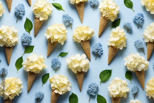Wallpaper Mural Pattern of waffle cones with bouquets and flowers on blue background. Minimal summer or spring creative concept. Valentine's, Women's day. Floral backdrop for card, banner, poster, print. Flat lay Torontodigital.ca