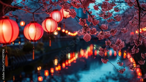 Cherry blossoms illuminate a night-time festival, creating a magical and enchanting atmosphere, Ai Generated.