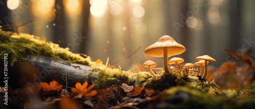 Close-up shot captures a mushroom amidst leaves in a wonderful autumn forest scene, Ai Generated.