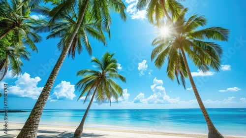 Coconut palm trees against a blue sky frame a beautiful beach  an idyllic tropical scene  Ai Generated.