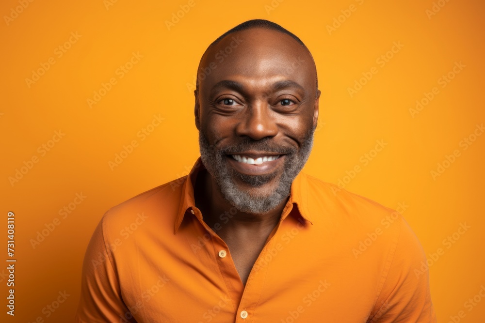Portrait of a smiling african american man in orange shirt on orange background