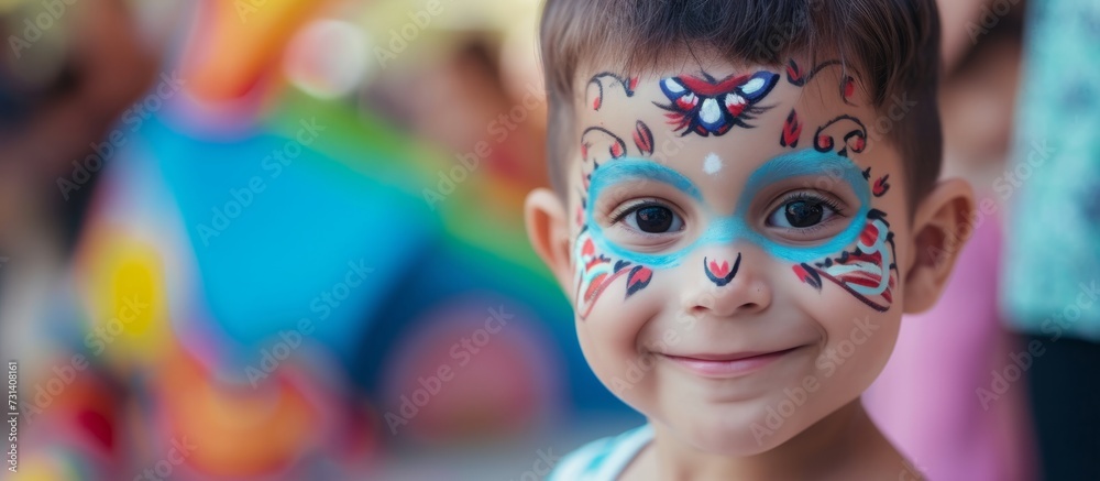 A happy young boy with face paint and a smile on his face, enjoying the fun and leisure of an event. His eyelashes stand out against the electric blue art, while his eyes sparkle with joy.