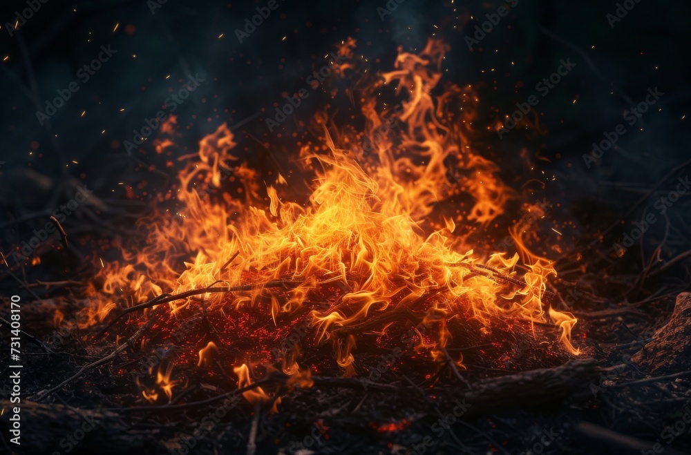 A blazing bonfire illuminates the night sky, sending sparks and smoke swirling into the air, as the heat and warmth of the flames create a cozy and natural setting for an outdoor gathering