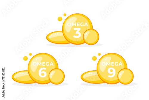 Bright and glossy omega 3, 6, 9 fatty acids capsules illustration for health and nutrition