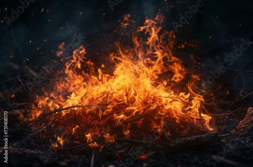 A blazing bonfire illuminates the night sky, sending sparks and smoke swirling into the air, as the heat and warmth of the flames create a cozy and natural setting for an outdoor gathering