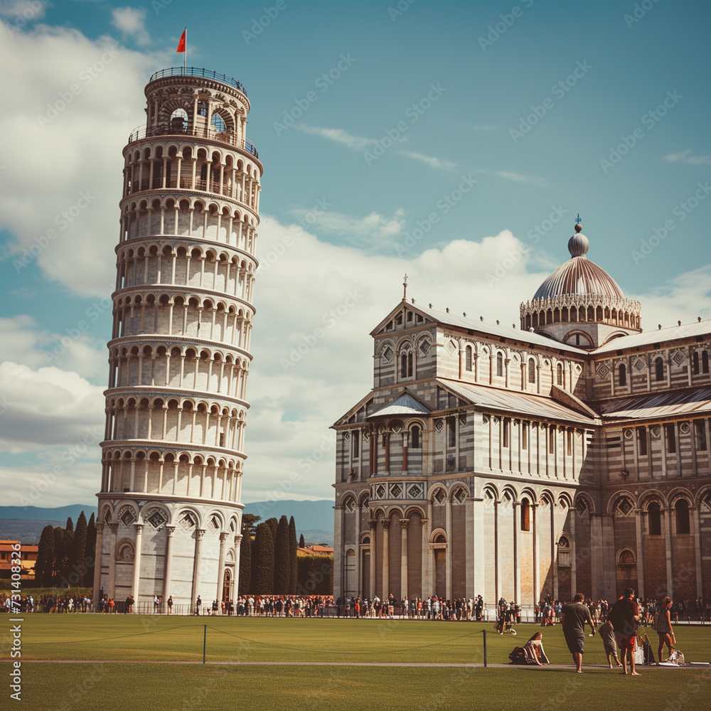 Iconic Leaning Tower of Pisa on a Sunny Day with Tourists