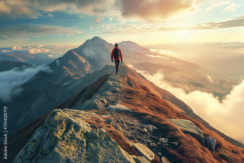 © Zoran Karapancev - Positive uplifting image of a man wearing red coloured jacket stands on a rocky cliff overlooking a deep valley filled with fog sat sunset, symbolizing achievement, copy space, horizontal 3:2 © Zoran Karapancev - Positive uplifting image of a man wearing red coloured jacket stands on a rocky cliff overlooking a deep valley filled with fog sat sunset, symbolizing achievement, copy space, horizontal 3:2