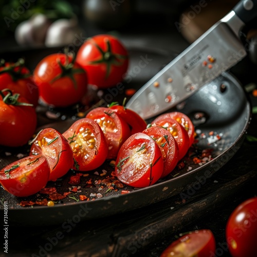 A chef's knife dangling in the air, slicing, lively tomato slices all around. The knife seemed to float weightlessly. Each piece seemed to sag in half with the rapid movement of the blade.