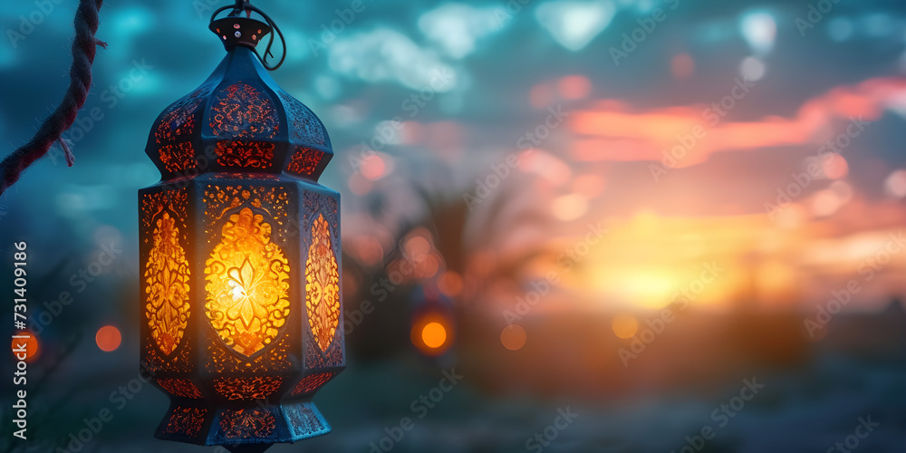 An elegant Islamic lantern and Eid Mubarak banner for the celebration of Eid al Adha.