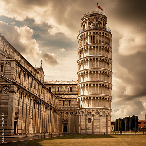 Iconic Leaning Tower of Pisa under a Dramatic Sky