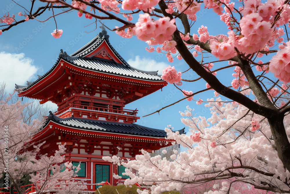 Sakura cherry trees blooming in spring around a traditional Japanese red pagoda Generative AI Sakura cherry trees blooming in spring around a traditional Japanese red pagoda Generative AI