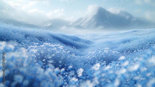 雪が降る山の麓に咲く青い花 photo