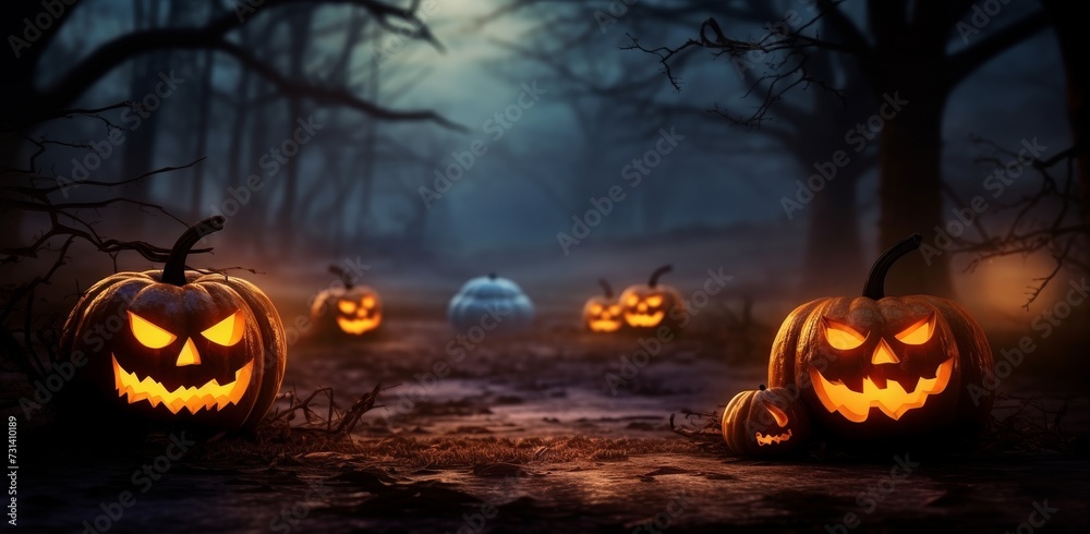 Jack 'O Lantern In Cemetery In Spooky Night With Full Moon Halloween Jack 'O Lantern In Cemetery In Spooky Night With Full Moon Halloween