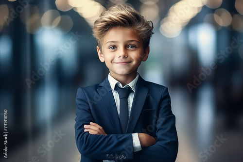 A young boy dressed smartly as a businessman stands in an office space. A kid brings a touch of innocence and imagination to the corporate world. Generative AI photo