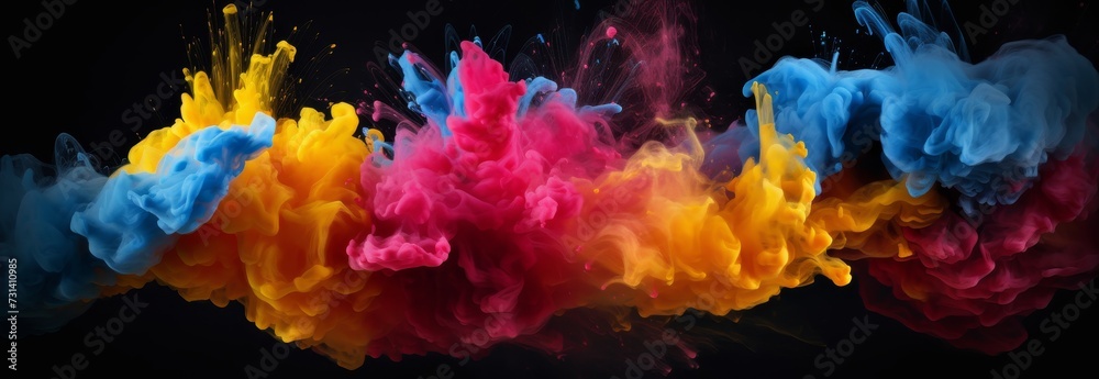 Colorful ink paint splatter smoke explosion background isolated on dark background