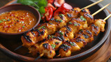 A delicious Indonesian chicken satay with peanut sauce, showcasing the traditional cuisine of Indonesia.