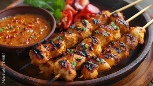 A delicious Indonesian chicken satay with peanut sauce, showcasing the traditional cuisine of Indonesia. photo