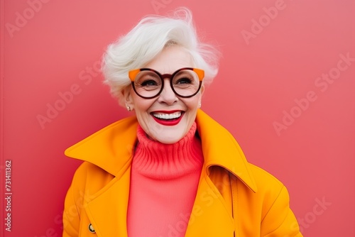 happy senior woman in yellow coat and eyeglasses on pink background