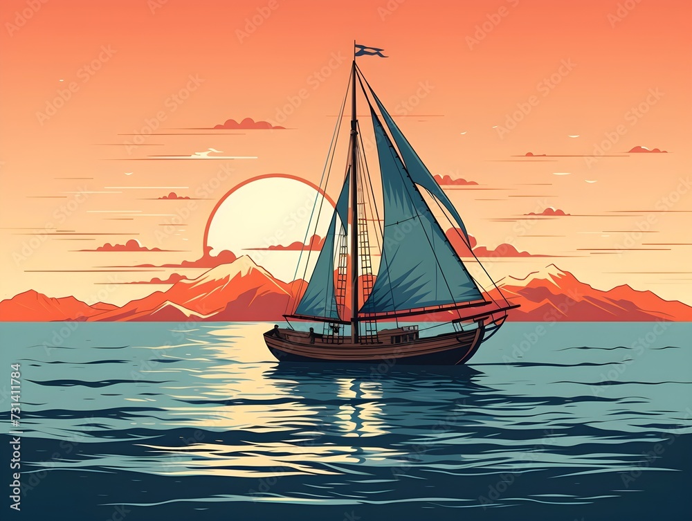Classic wooden sailboat drifting on calm waters with a coastal sunset.