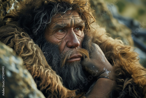 Prehistoric man, evolution science biology, man civilization, homo sapiens ape, stone era period, old hair wild nature, neanderthal, prehistory, monkey. photo