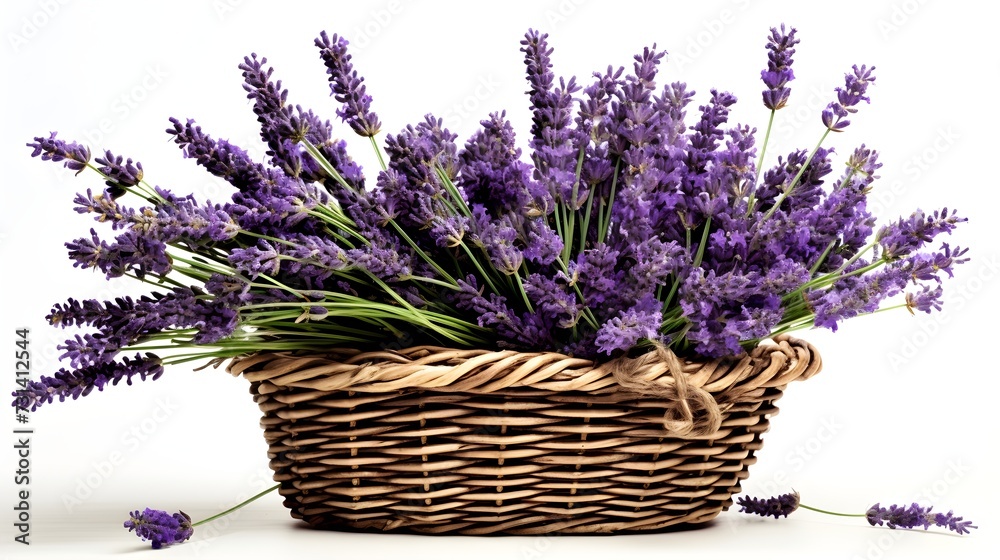 Fototapeta premium Fragrant lavender bunches in a vintage basket, an aromatic touch of nature.