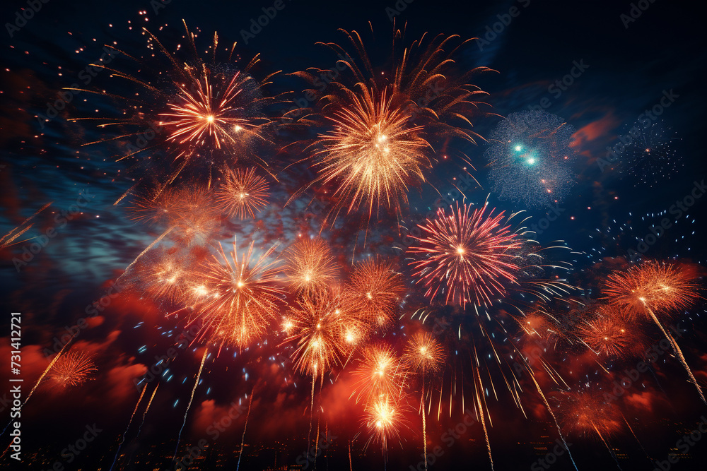 Fototapeta premium fireworks explosive displays of dazzling lights vibrant colors illuminate the night sky during celebrations and festivities. happy woman man girl boy silhouette banner copy space greeting card poster.