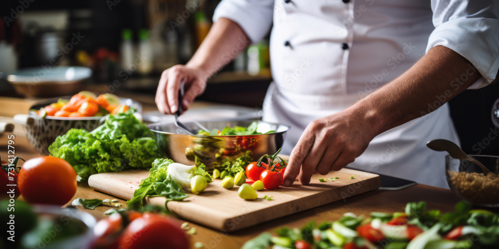 Fresh Vegetables, Skilled Chef: A Healthy Salad Preparation in a Professional Kitchen