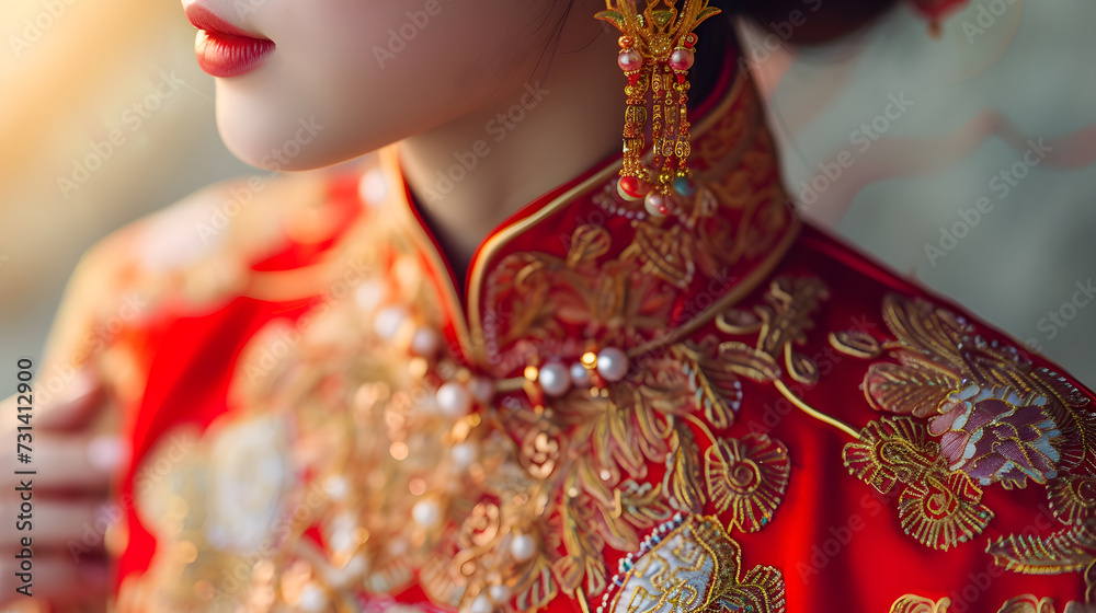 Beautiful young chinese woman wearing a traditional Chinese dress, with intricate embroidery and gold jewelry. Generative AI.