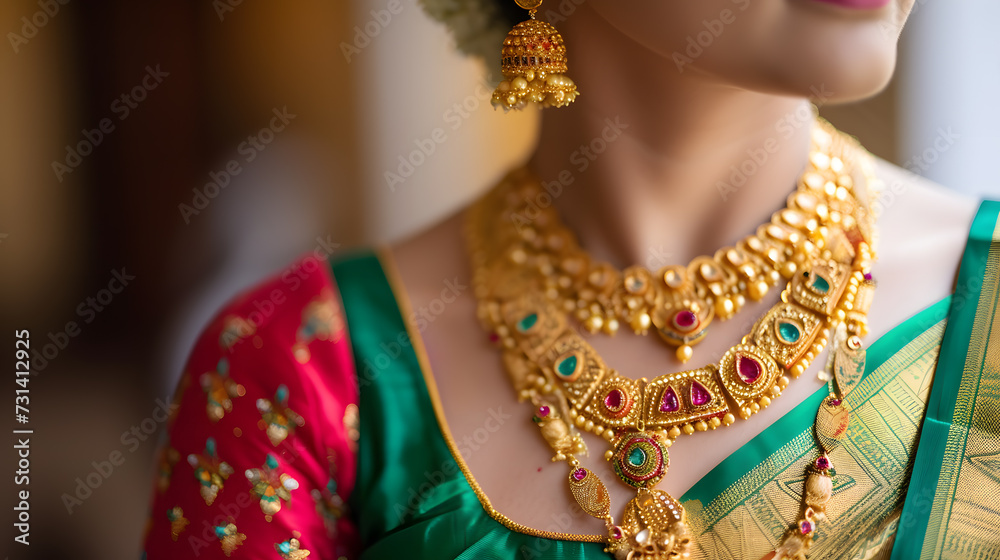 A woman wearing a sari, with colorful gemstones and gold jewelry. Generative AI.