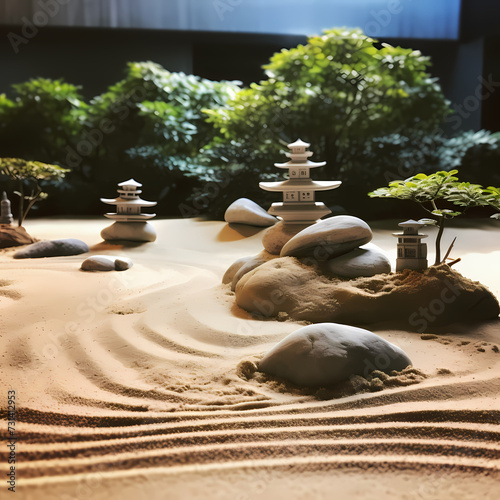 A peaceful Zen garden with sand and rocks.
