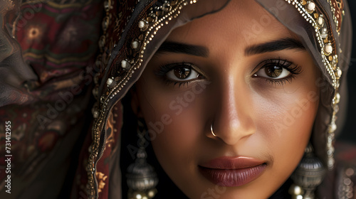 beautiful young woman wearing a hijab, with intricate beadwork and silver jewelry. Generative AI.