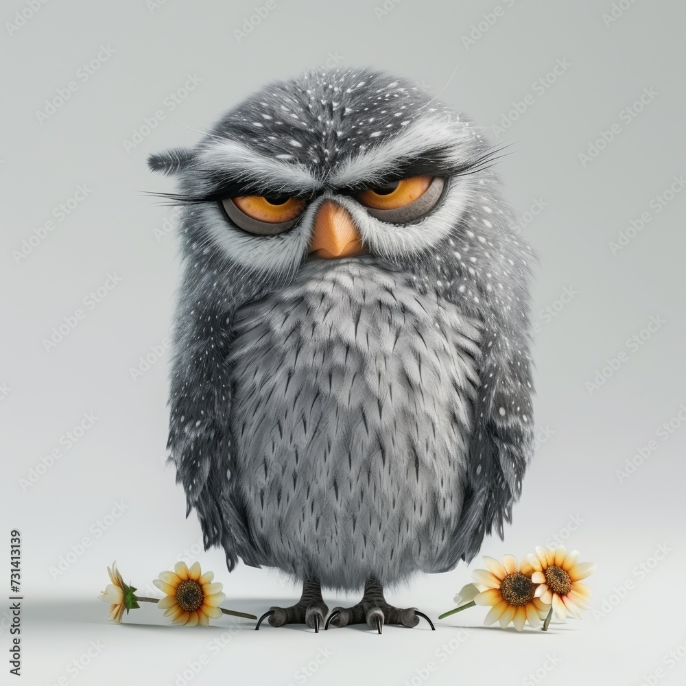 Obraz premium A really adorable, fluffy and grumpy cartoon owl with flowers and a white background. 