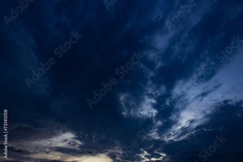 Dramatic sky with dark clouds at sunset. Natural background.