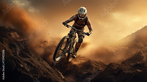 mountain biker in the dust in forest
