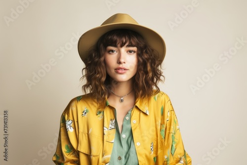 Portrait of a beautiful young woman with curly hair in a yellow shirt and hat. © Inigo