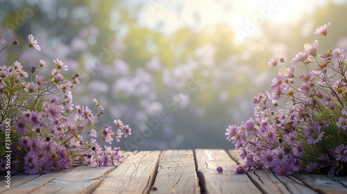 Empty wooden table with soft pale lila color in background with flowers